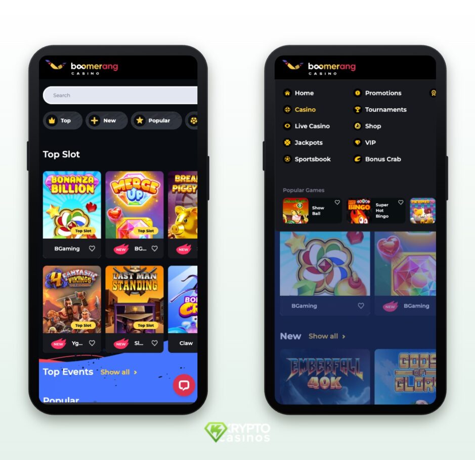 The image shows the mobile version of the Boomerang Casino. On the left you can see the game selection and on the right the main menu