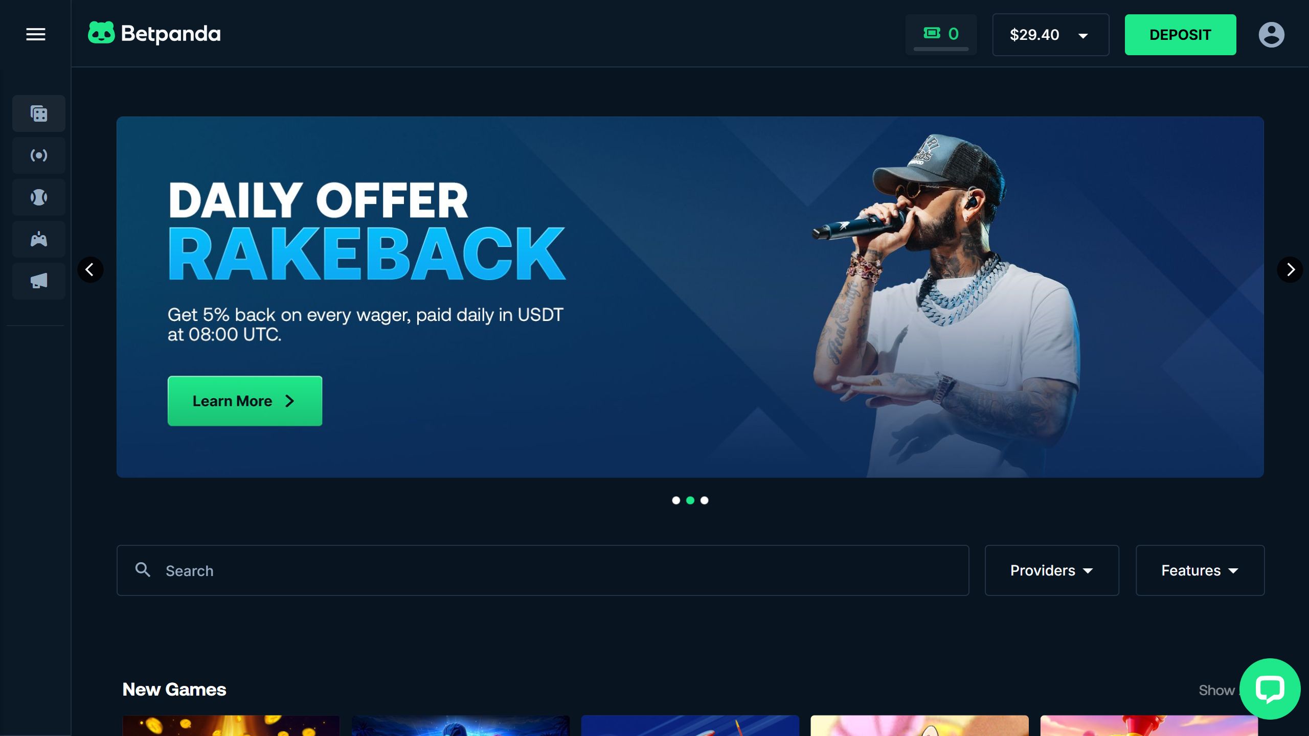 screenshot of betpanda casino showing the bonus banner and search options