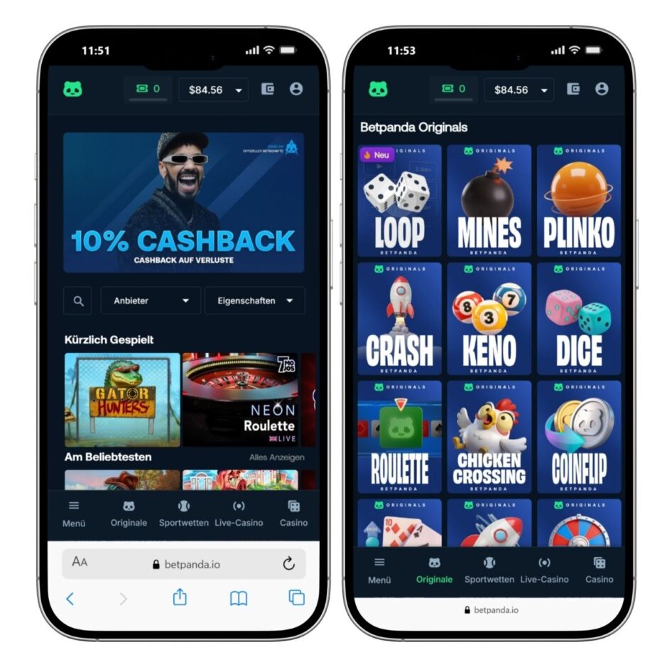 Screenshot des mobilen Betpanda Casinos
