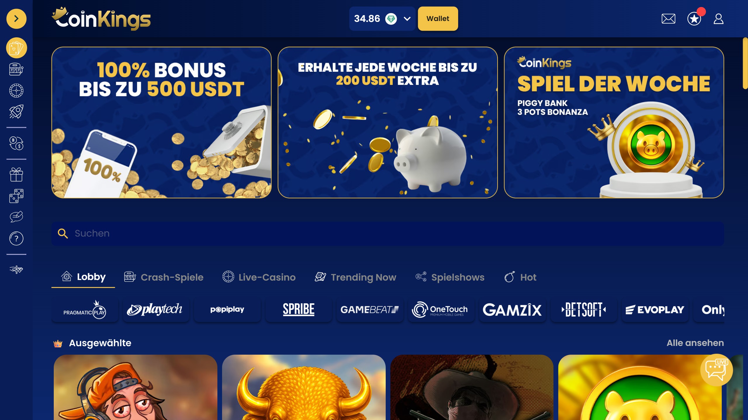 Screenshot des Coinkings Casinos mit Boni und Spielen
