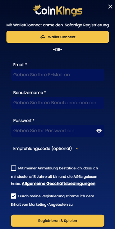 Screenshot der Anmeldemaske im Coinkings Casino