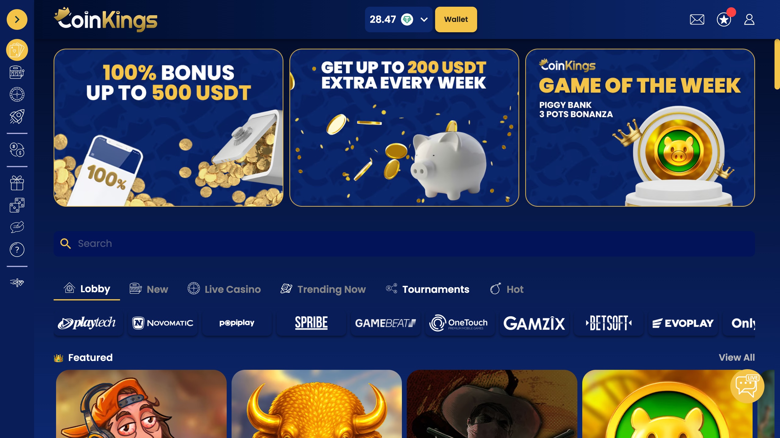 screenshot of coinkings casino showing the bonus banner and game lobby