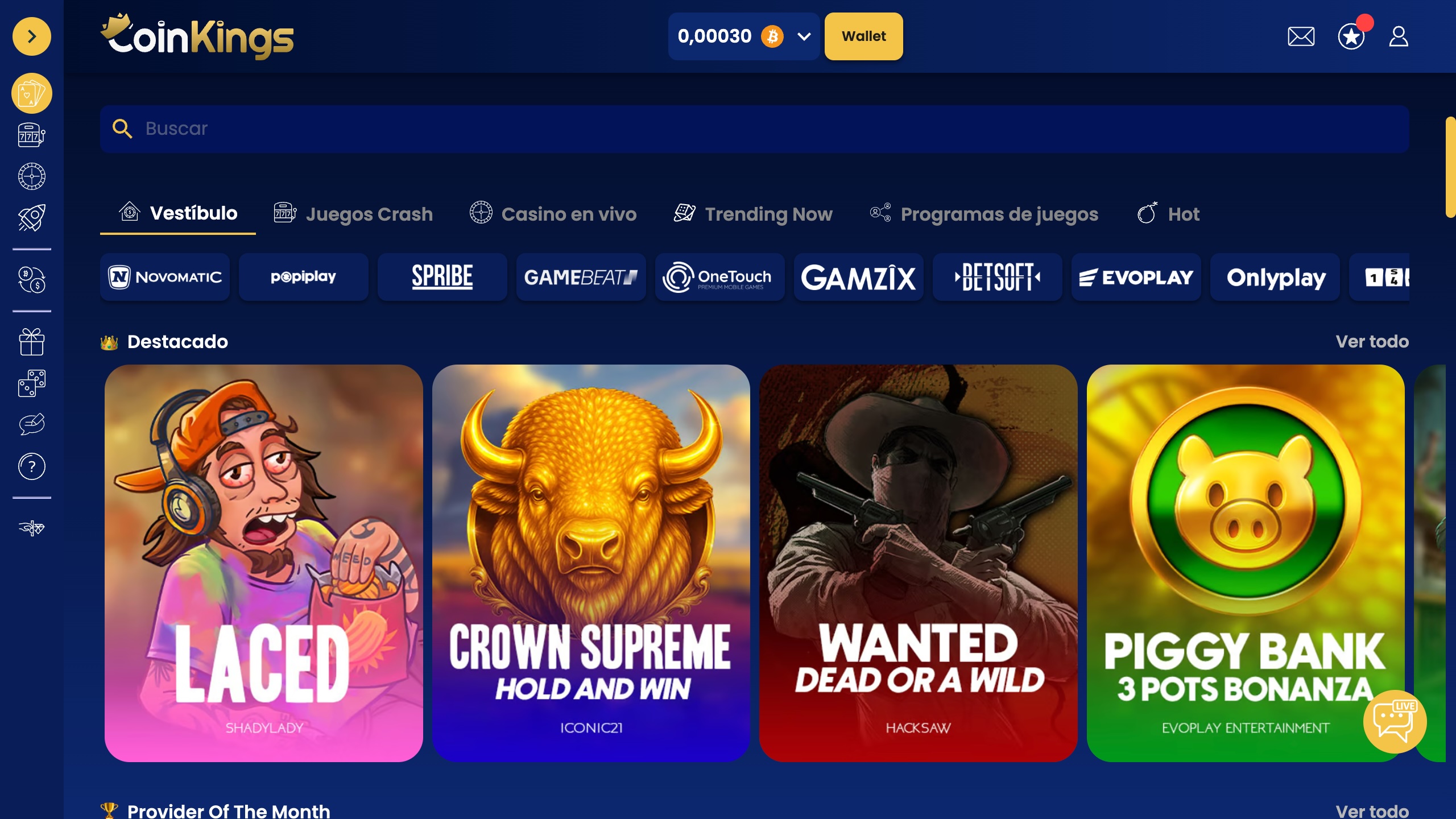 Imagen oficial de como se ve el lobby del casino de CoinKings, con su lobby de juegos disponibles.