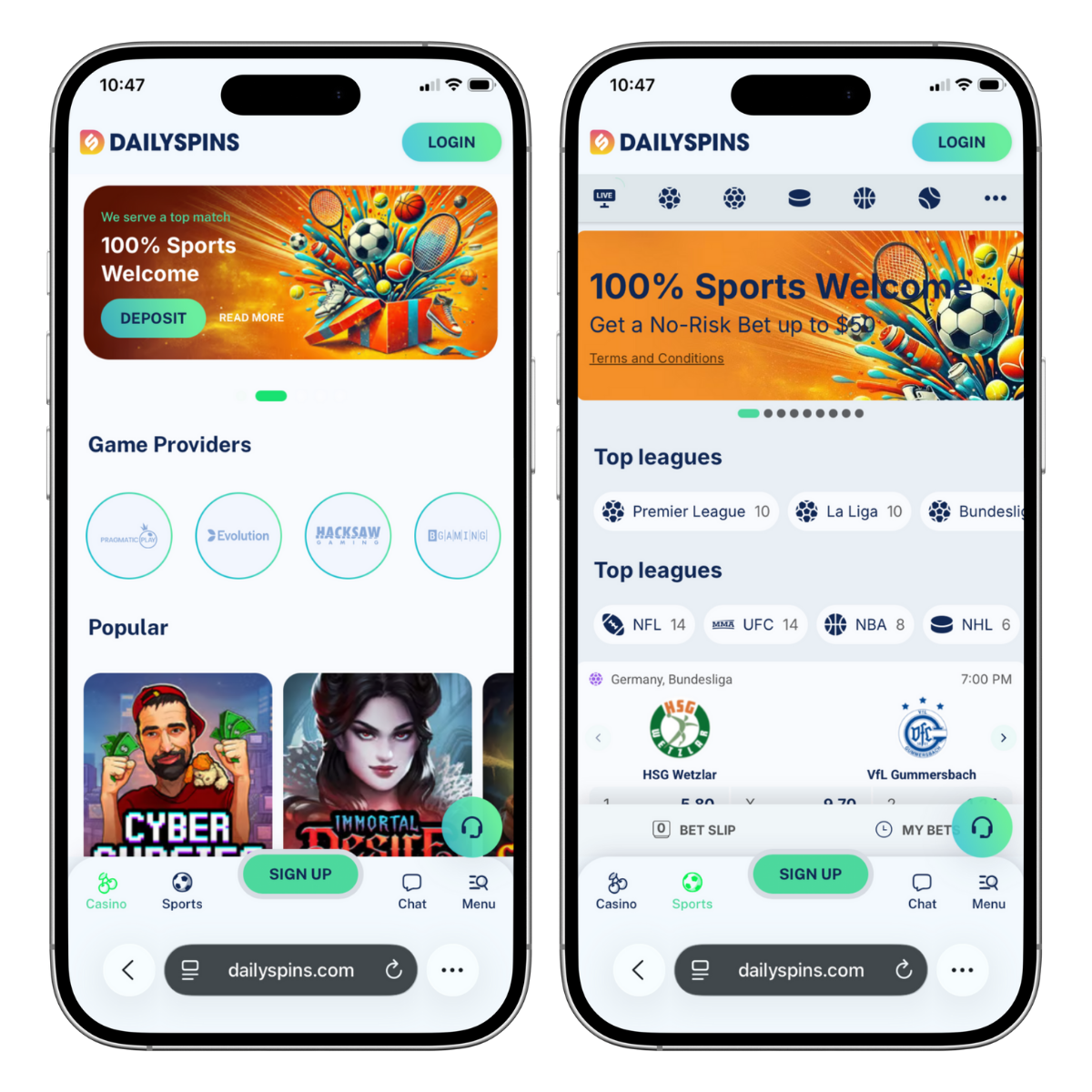 Intefaz para móvil del casino Dailyspins