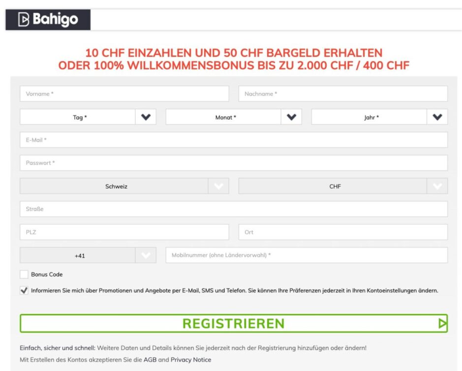 Das Bild zeigt die Registrierungsmaske im Bahigo Casino Schweiz