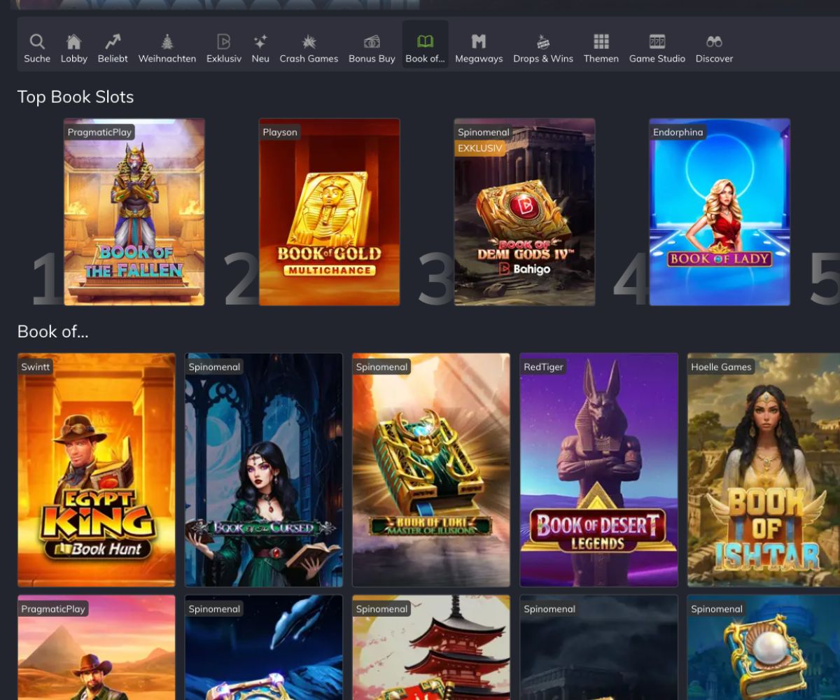 Das Bild zeigt die Slotauswahl, hier vorallem die Book of Reihen, im Bahigo Casino Schweiz