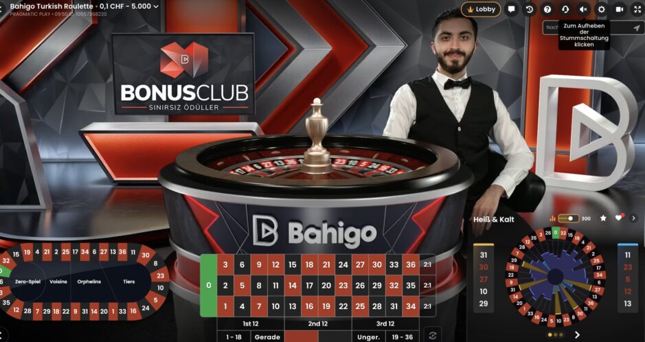 Das Bild zeigt einen Roulette Tisch und ein Spiel in Aktion bei Bahigo Schweiz