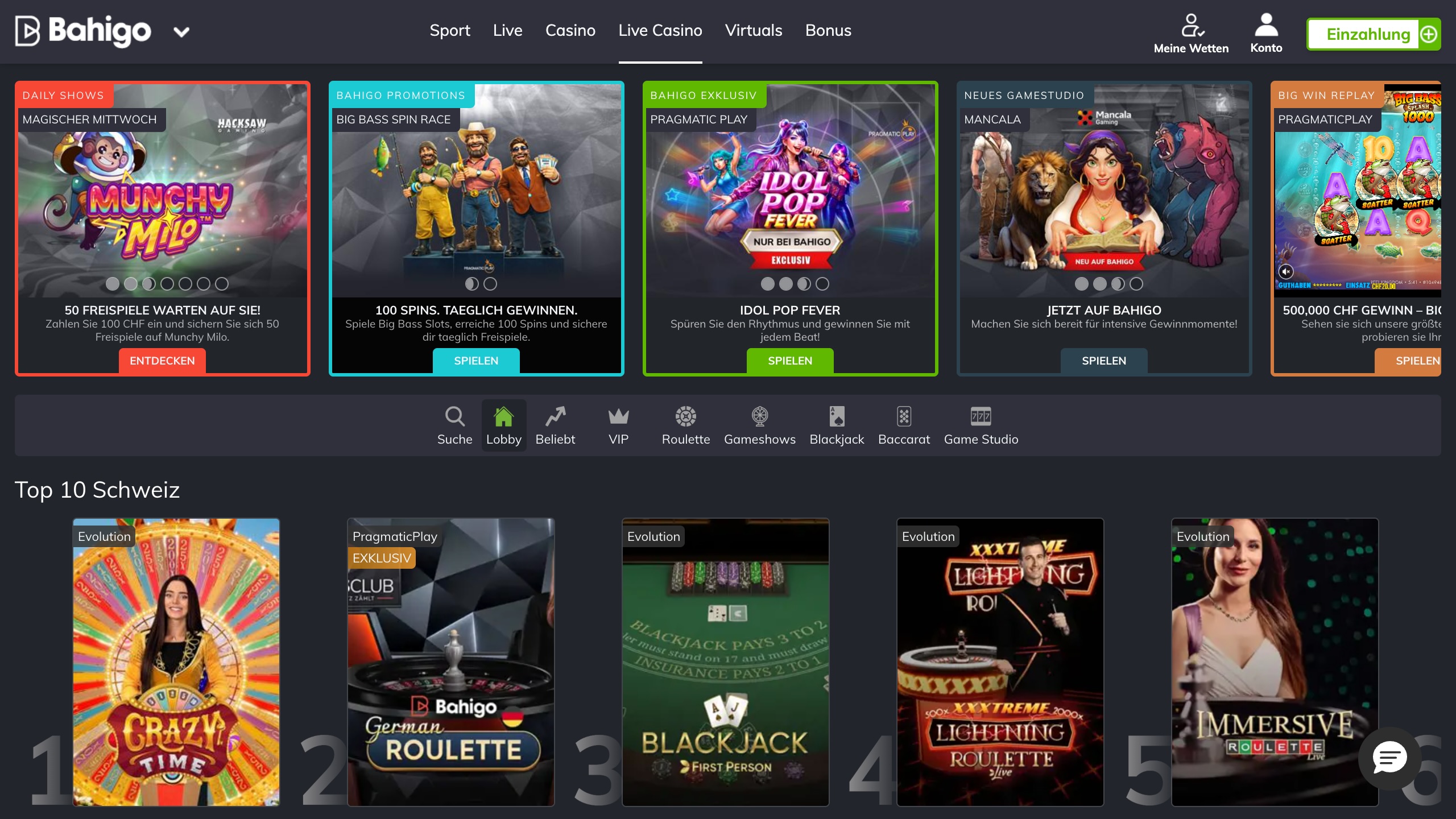 Das Bild zeigt die Desktop Startseite nach erfolgreichem Login bei Bahigo Schweiz mit der Spielesammlung