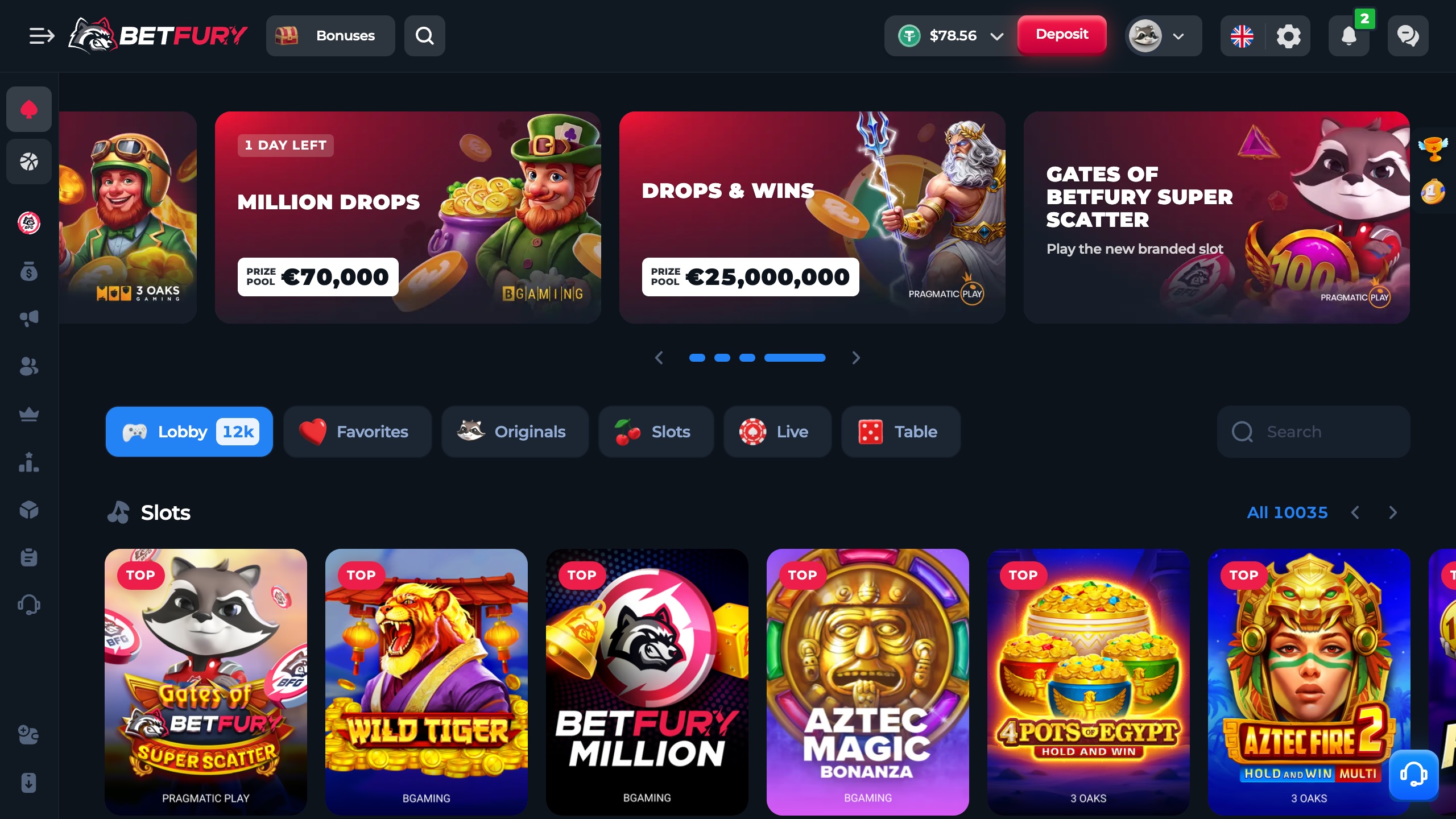 Das Bild zeigt die Desktop Startseite nach erfolgreichem Login bei BetFury Schweiz mit dem Bonusbanner und der Spielesammlung