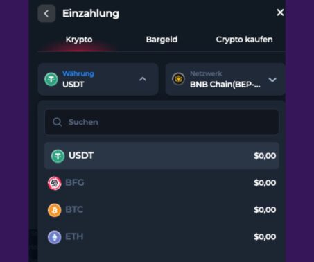 Das Bild zeigt eine Auswahl an Kryptocoins bei BetFury CH