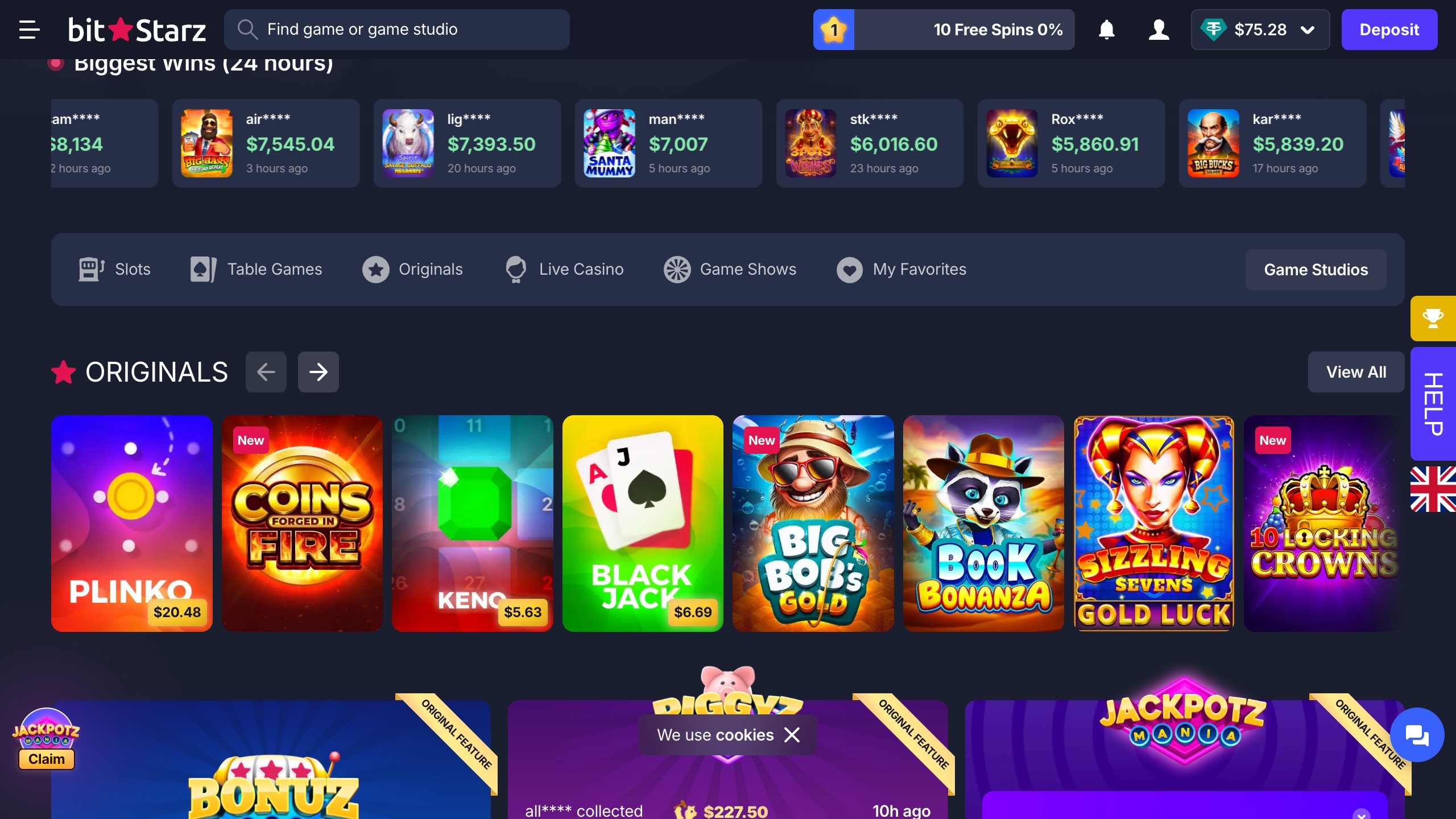 Das Bild zeigt die Desktop Startseite nach erfolgreichem Login bei BitStarz Schweiz mit der Spielesammlung