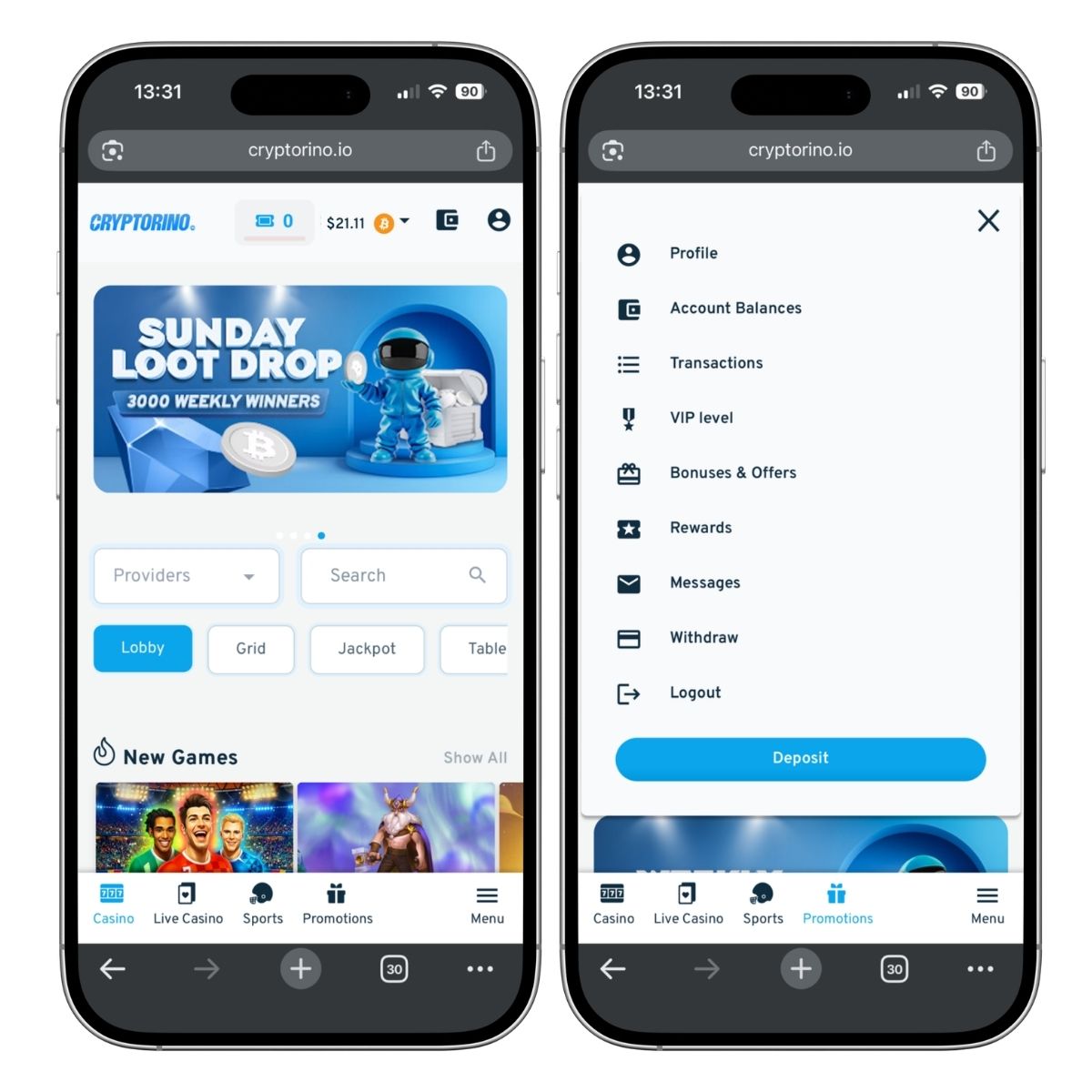 cryptorino casino mobile lobby with game filters and account menu