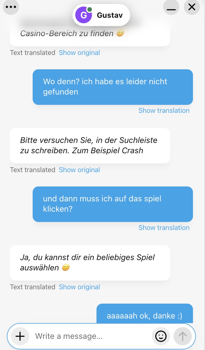 Das Bild zeigt einen Ausschnitt mit einer Kontaktaufnahme des Kundensupports von Cryptorino DE