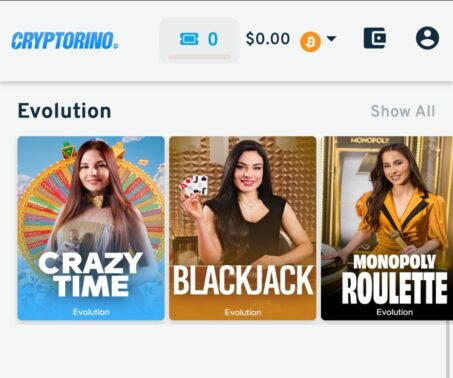 cryptorino casino lobby showing the deposit button in the top navigation