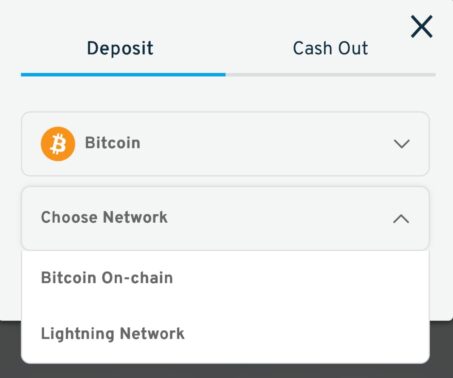 cryptorino deposit window showing bitcoin on-chain and lightning network options