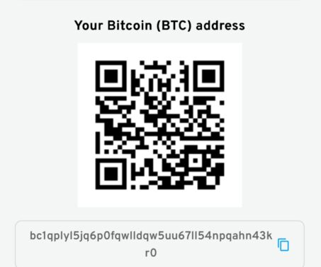 cryptorino bitcoin deposit screen with qr code, wallet address, and copy button