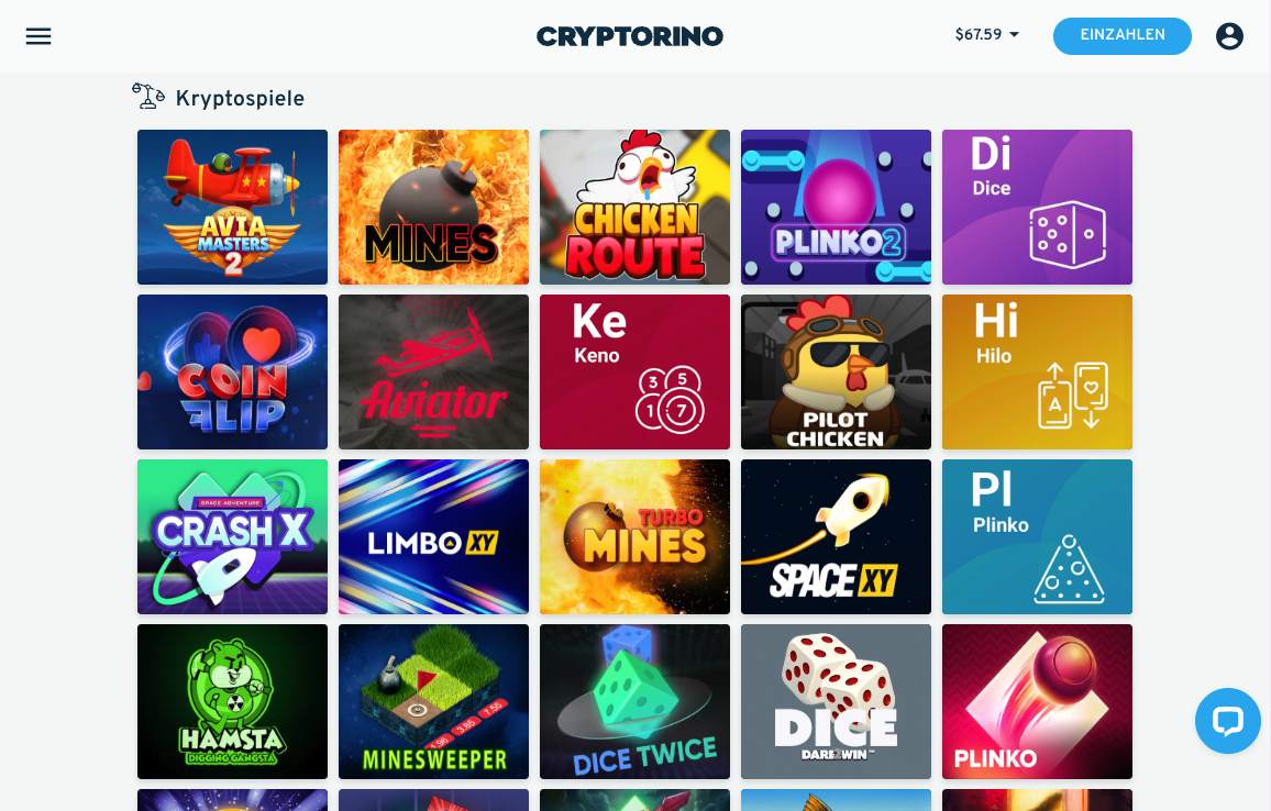 Die Kryptospiel-Auswahl von Cryptorino, mehrere bunte Spiele-Kacheln vor weißem Hintergrund.