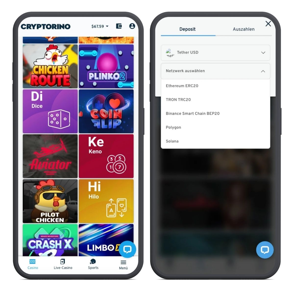 Screenshot der mobilen Cryptorino Casino App
