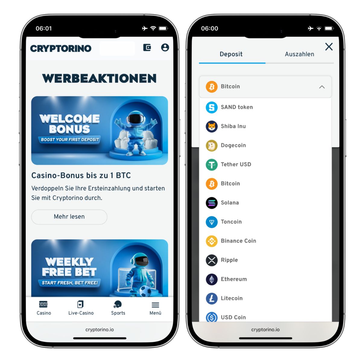 Das Bild zeigt die mobile Version des Cryptorino Casinos. Links sieht man die Bonusübersicht und rechts die verschiedenen Zahlungsoptionen