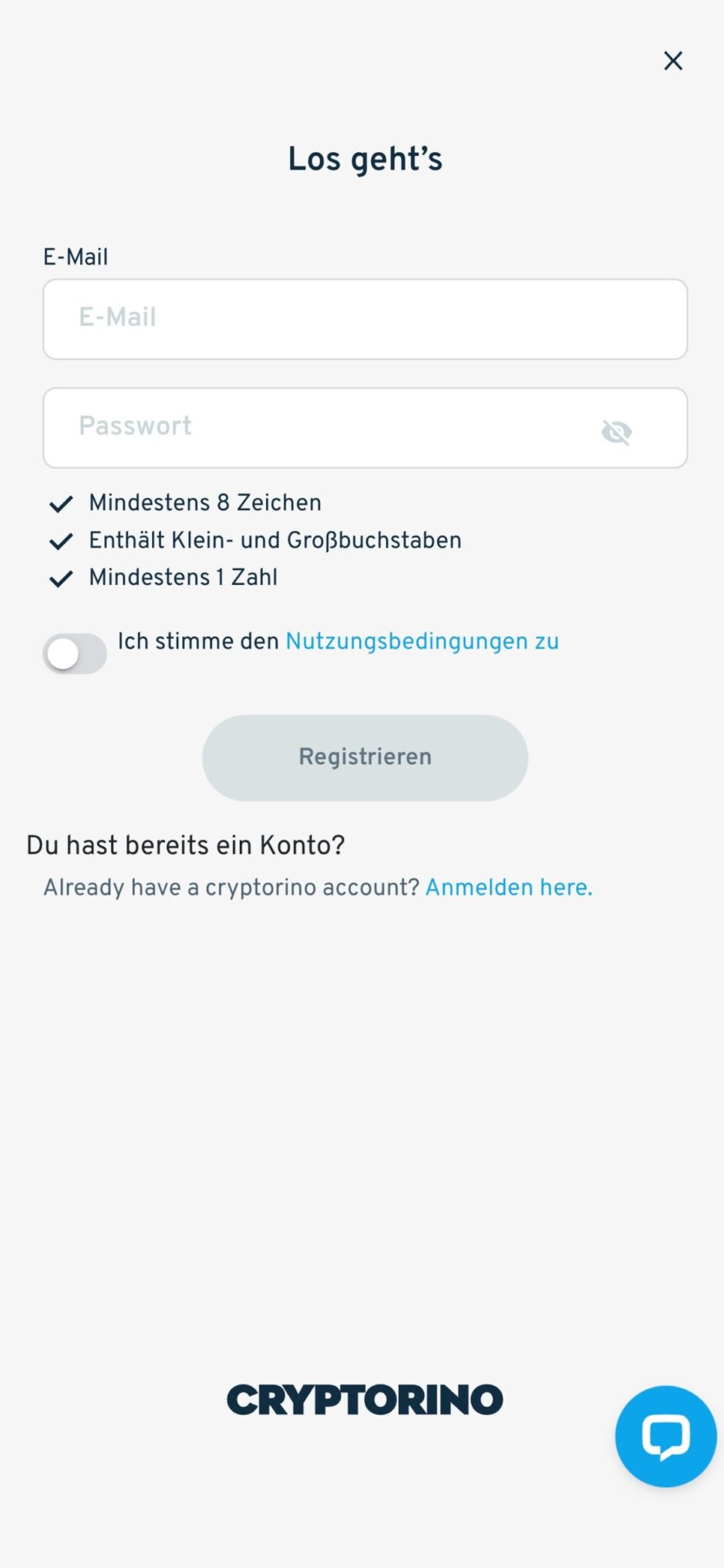 Das Bild zeigt die Registrierungsmaske bei Cryptorino DE