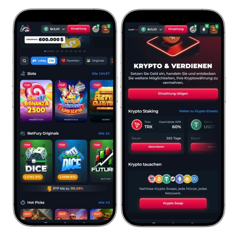Das Bild zeigt die mobile Ansicht von Betfury CH. Links sieht man die Spiellobby und rechts die Möglichkeit Kryptos zu kaufen