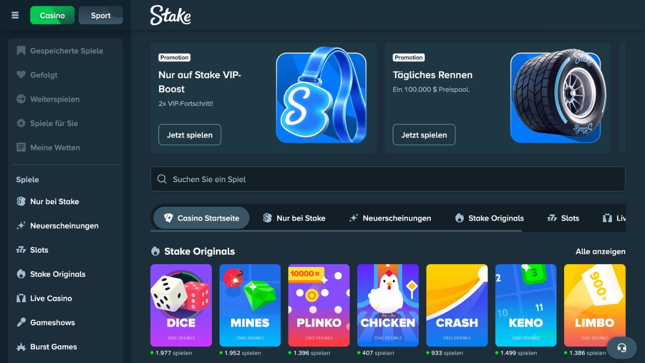 Das Bild zeigt die Startansicht von Stake mit dem Bonusbanner