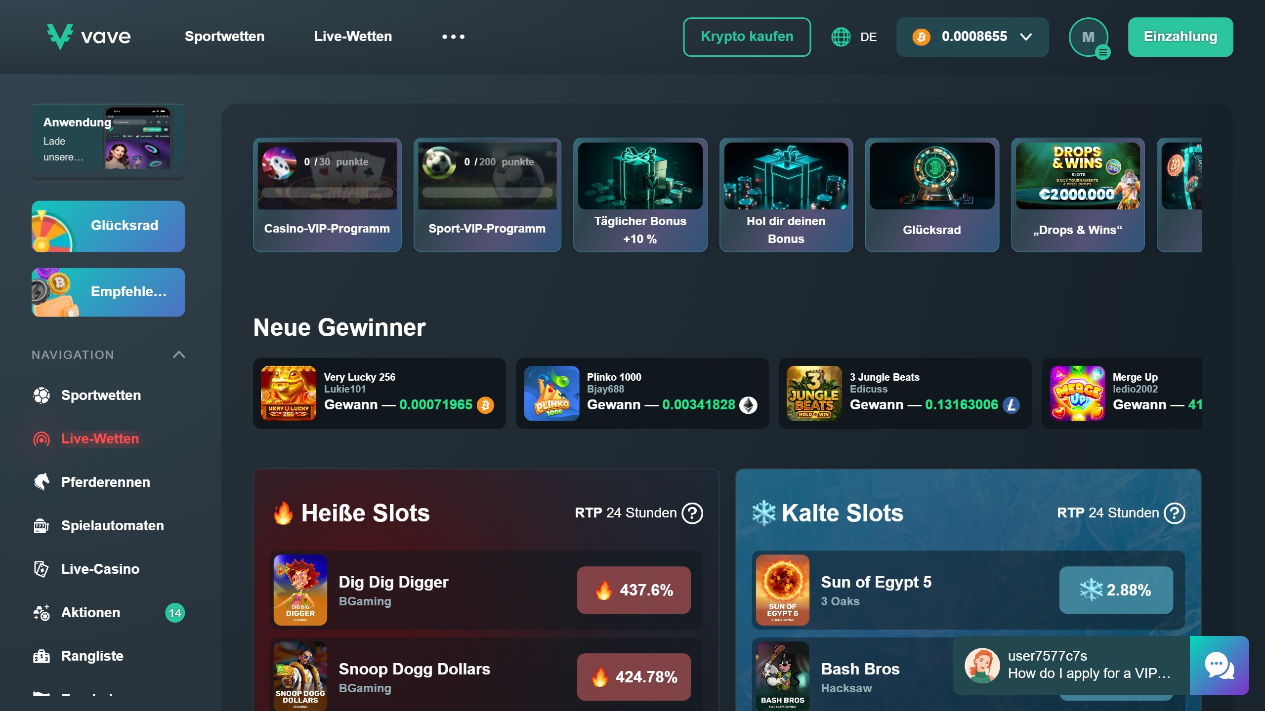 Screenshot der Lobby des Vave Casinos