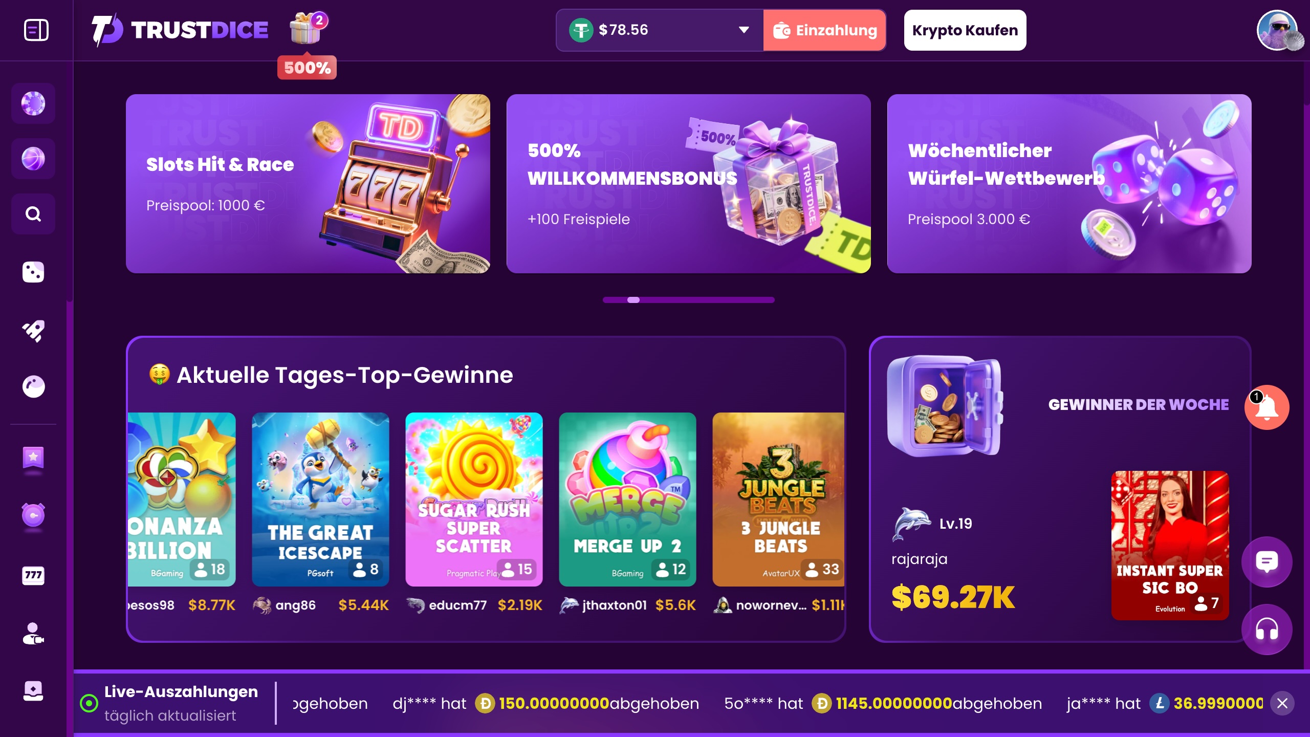 Das Bild zeigt die Desktop Startseite nach erfolgreichem Login bei Trustdice Schweiz mit dem Bonusbanner und der Spielesammlung