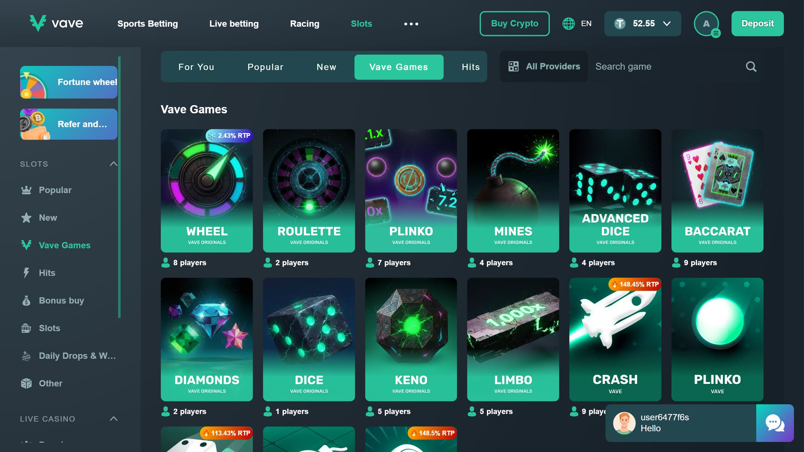 screenshot of Vave casino showing the exclusive games and left-side menu