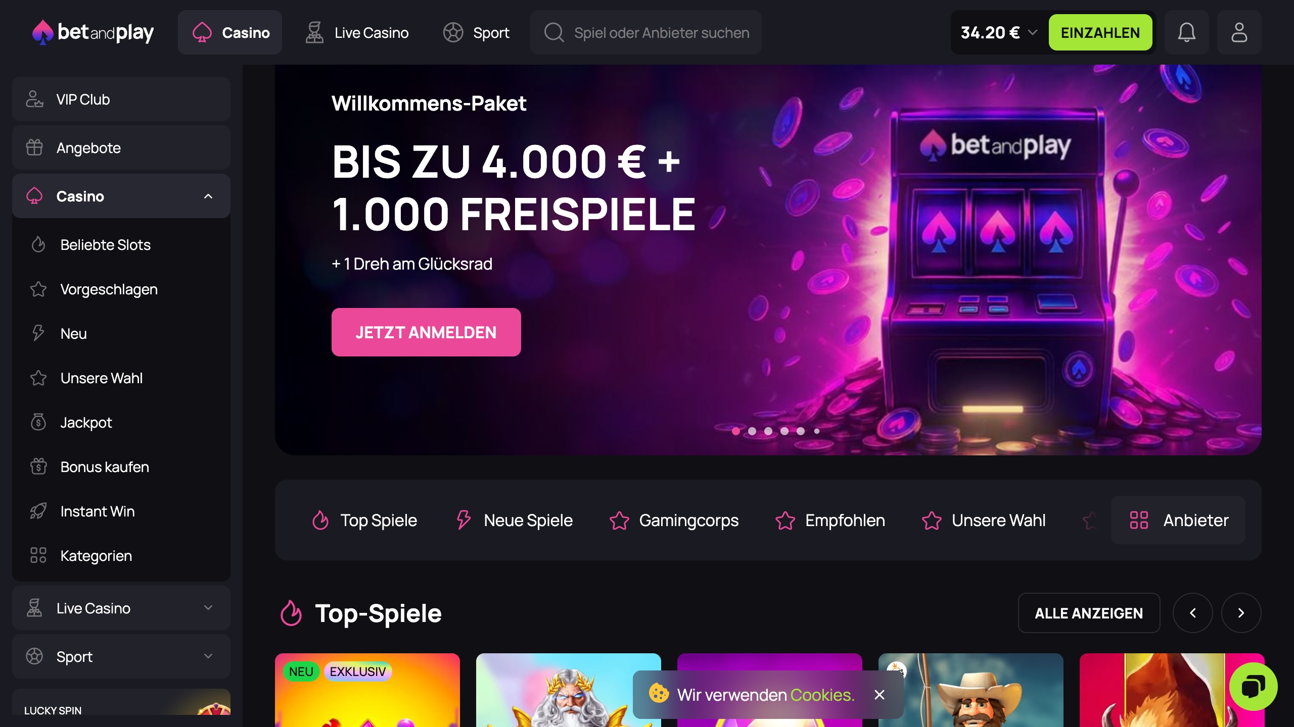 Das Bild zeigt die Desktop Startseite nach erfolgreichem Login bei BetandPlay Schweiz mit dem Bonusbanner und der Spielesammlung