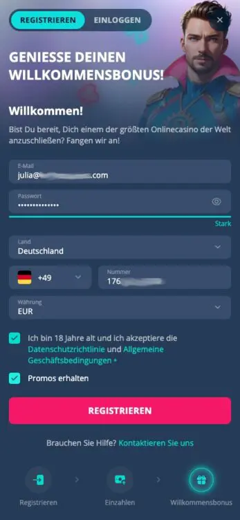 Schritt 2 der Anmeldung im Platin Casino ohne OASIS