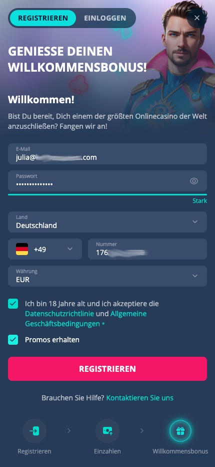Schritt 2 der Anmeldung im Platin Casino ohne OASIS