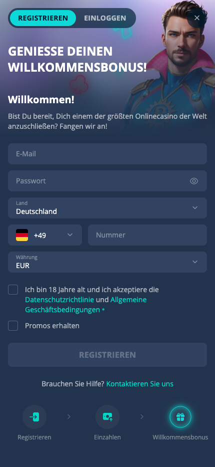 Schritt 1 der Anmeldung im Platin Casino ohne OASIS