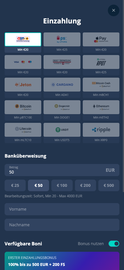 Schritt 4 der Anmeldung im Platin Casino ohne OASIS