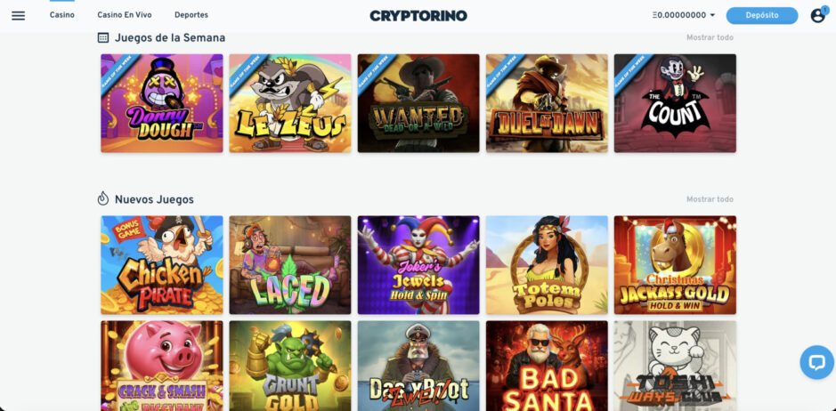 Vestítbulo de Cryptorino.io para escritorio con el catálogo de juegos del casino online, dstacando la sección de juegos de la Semana y Nuevos Juegos.