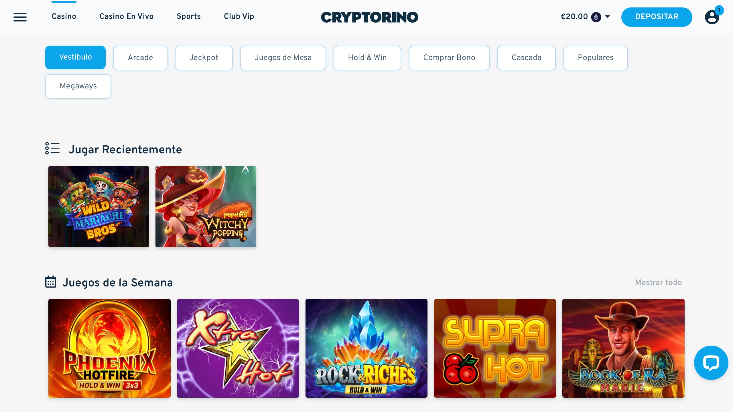 Página principal de la sección de casino de Cryptorino.