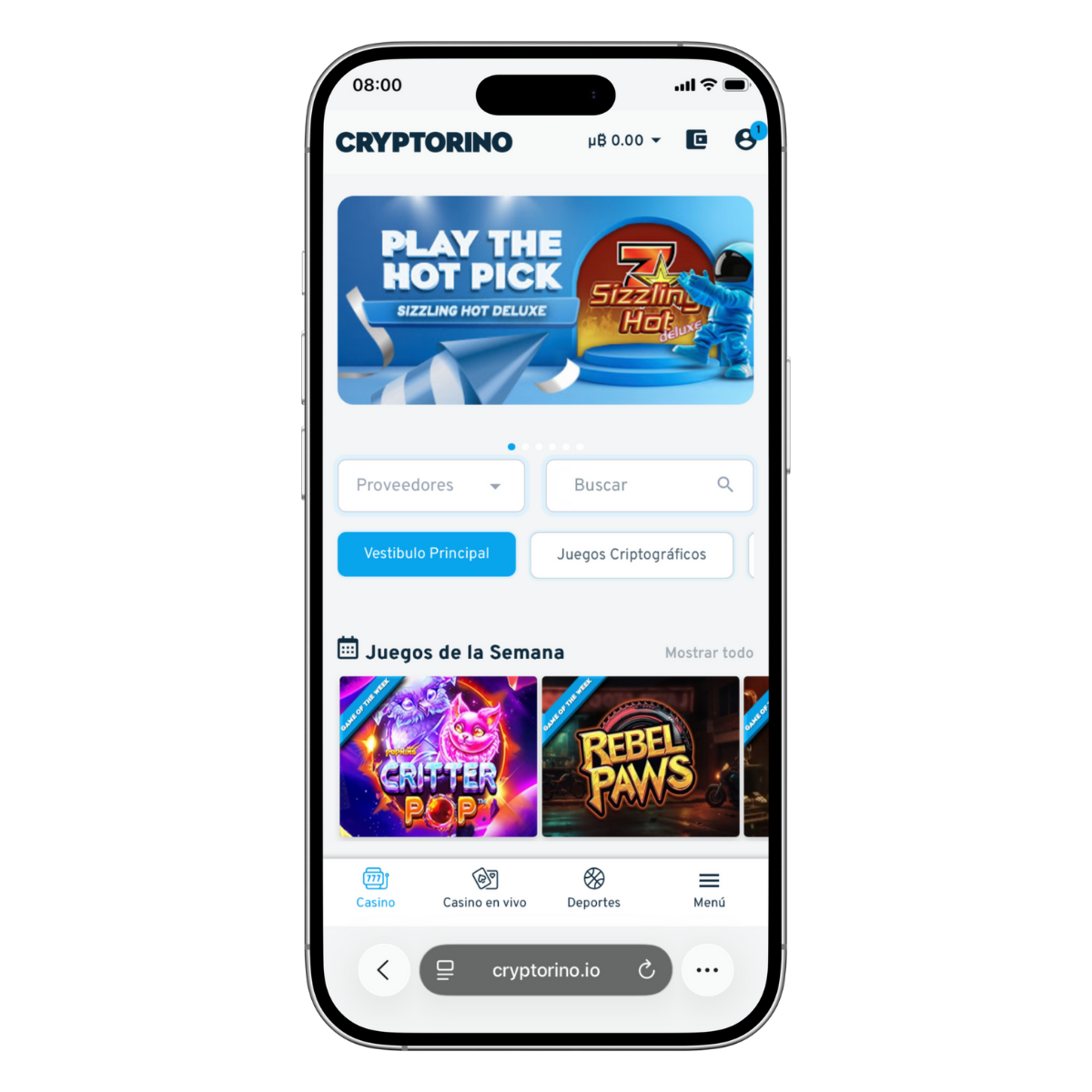 Cryptorino.io desde un iPhone con buscador, proveedores y acceso a los juegos de la semana, además del casino en vivo y la sección de deportes.