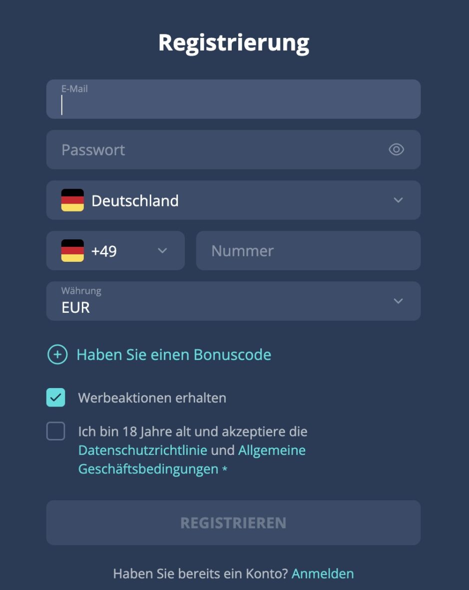 Registrierungsmaske Platin Casino DE