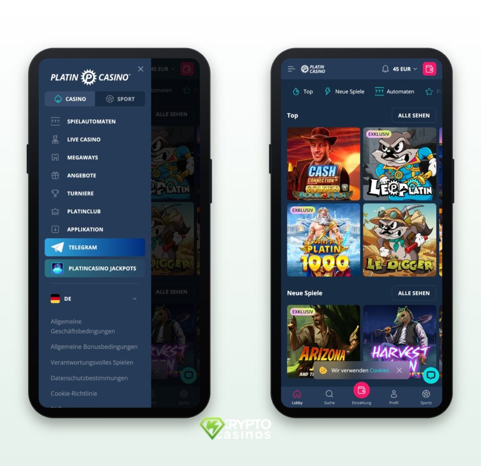 Das Bild zeigt die mobile Ansicht von Playamo DE. Links sieht man das Hauptmenü und rechts die Spiellobby