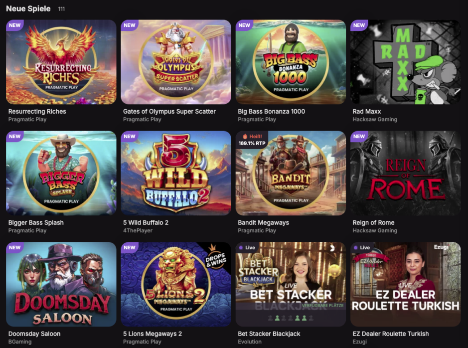 Cloudbet Casino Test - Screenshot der aktuellen Top-Spiele in der Schweiz 2025