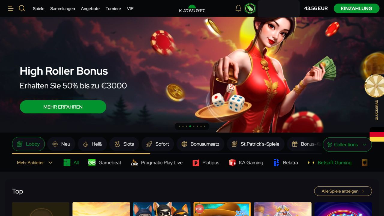 Das Bild zeigt die Startseite dirket nach dem Log in beim Katsubet Casino Schweiz. Es zeigt den Bonusbanner und die Spielesammlung