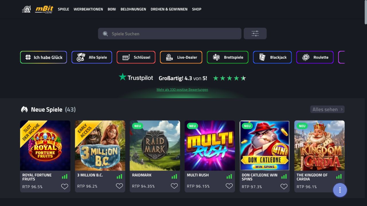 Das Bild zeigt die Startseite des Casinos mit dem Bonusangebot und der Casinolobby