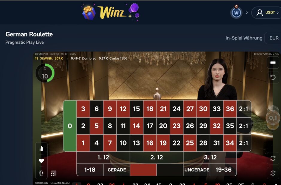 Das Bild zeigt einen Ausschnitt von einer Runde German Roulette von Pragmatic Play im Winz.io 