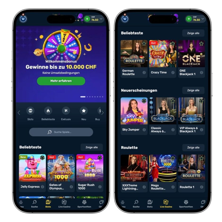 Das Bild zeigt die mobile Version von Winz.io Schweiz. Links ist die Startseite abgebildet und rechts das Live Casino