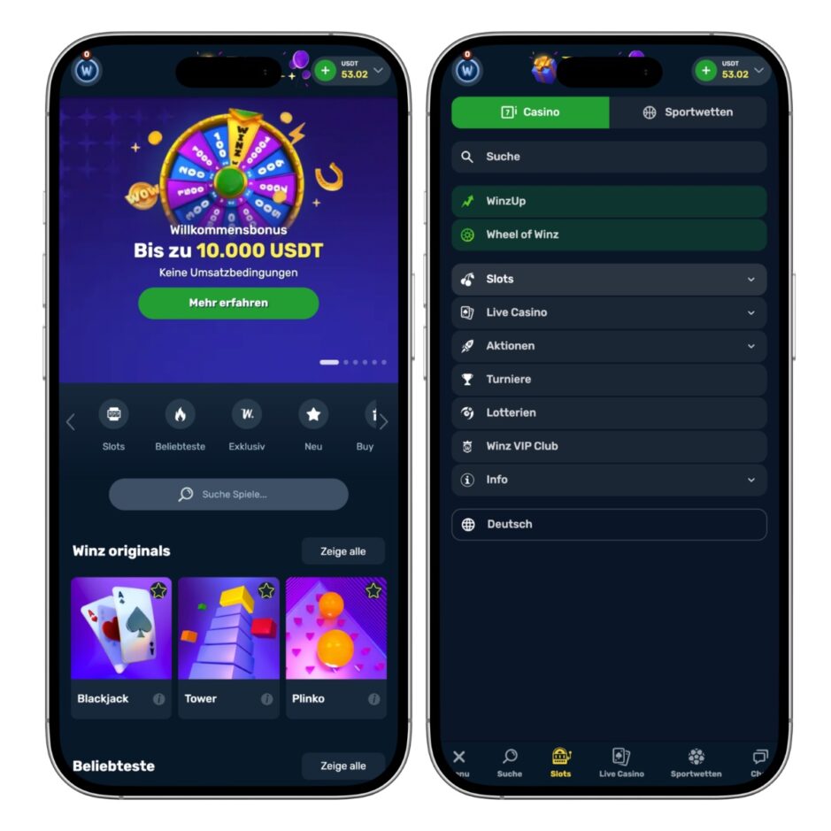 Das Bild zeigt die mobile Version des Winz.io Casinos Deutschland. Links sieht man die Startseite mit dem Bonusbanner und rechts die Menü-Übersicht