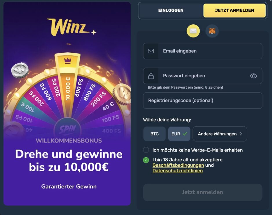 Das Bild zeigt die Anmeldungsmaske bei Winz.io Deutschland