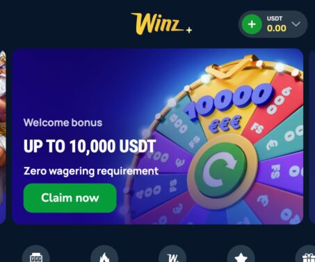 winz.io account balance dropdown and deposit button in the top-right corner of the casino lobby