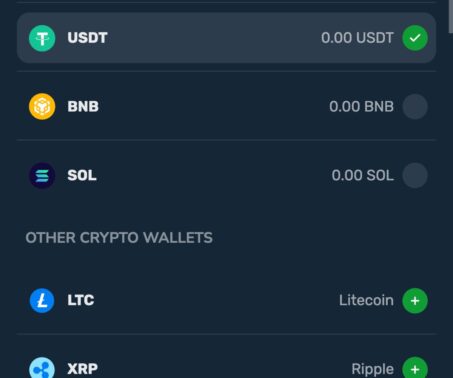 winz.io cryptocurrency selection screen showing supported deposit coins including USDT, BNB, Solana, Litecoin, and XRP