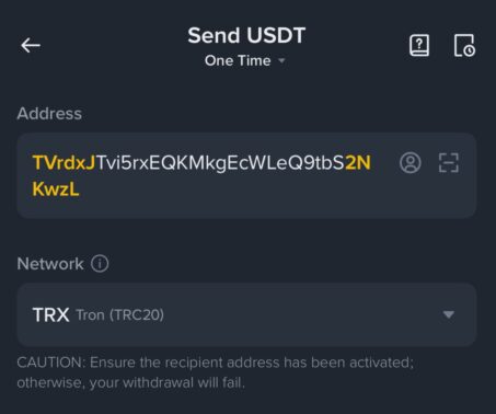 usdt transfer screen showing the winz.io deposit address and trc20 network selected in a crypto wallet