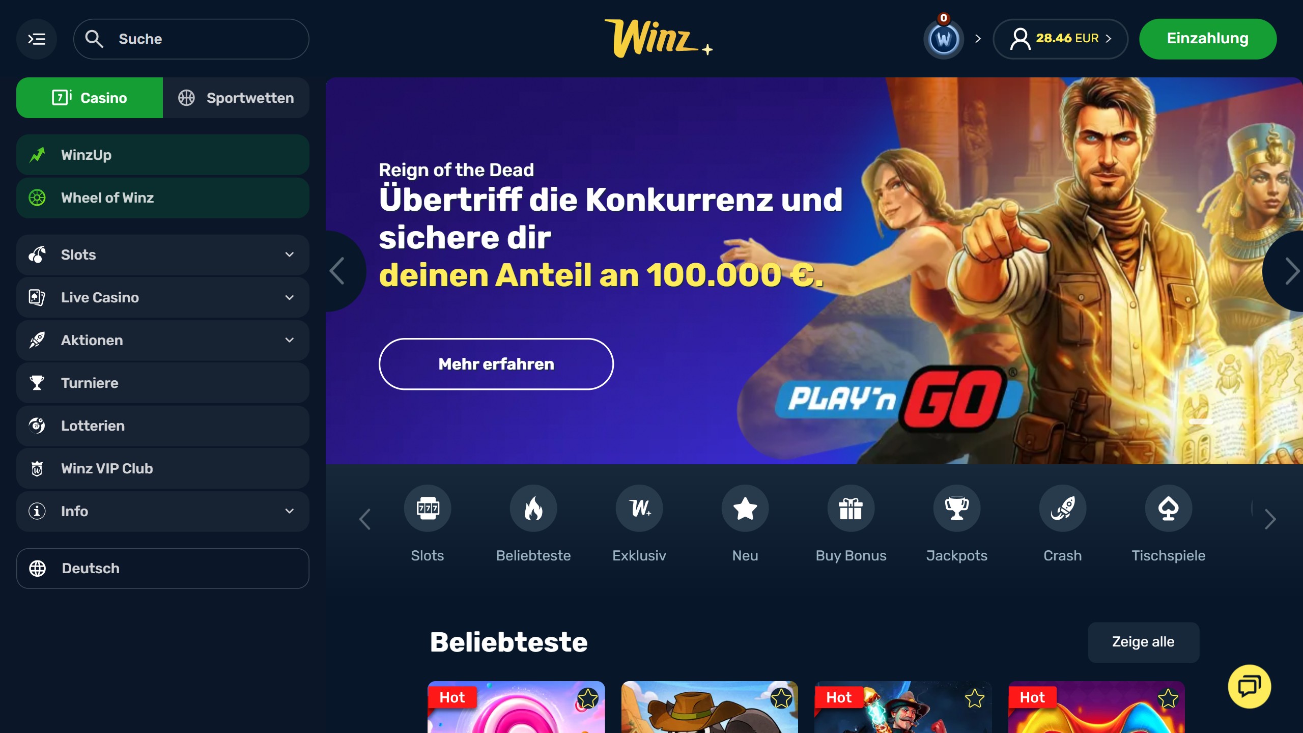 Screenshot der Lobby des Casinos Winz.io